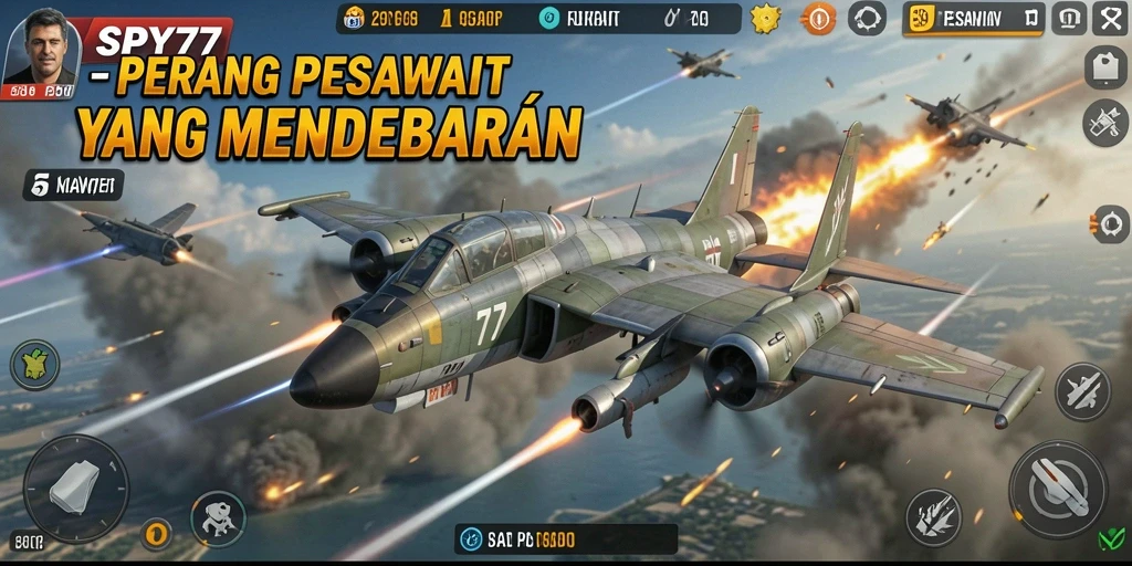 Antarmuka SPY77 menampilkan pertempuran udara yang seru dan menegangkan.